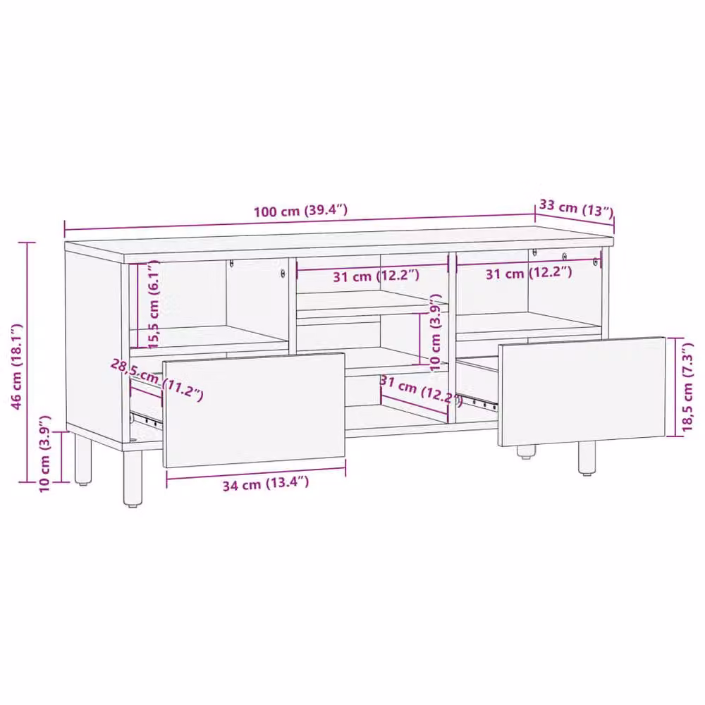 Berkfield Home Modern Black TV Cabinet in Mango Wood and Metal, W/D/H: 100 x 33 x 46 cm – 5