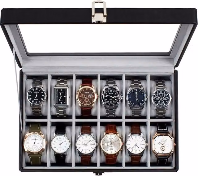 SPETLEK 12 Slot Black PU Leather Watch Box with Lid