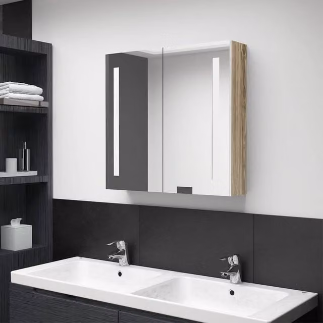 Berkfield Home LED Bathroom Mirror Cabinet in White and Oak, W: 62 cm, D: 14 cm, H: 60 cm