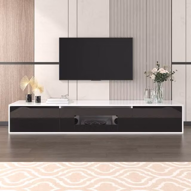 Rolipo Modern High Gloss TV Cabinet in White and Black with Integrated LED Lights, Width: 180 cm – 1