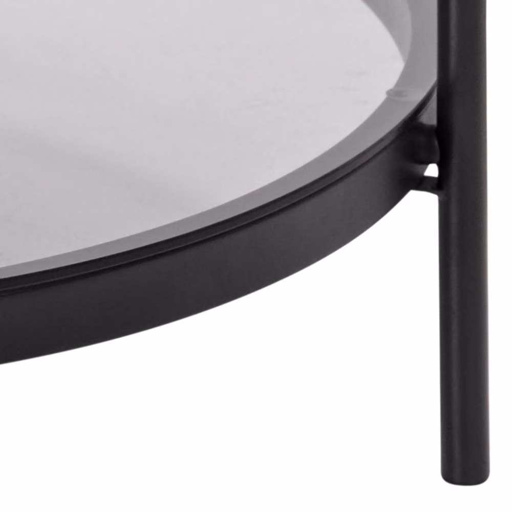 Wyld Haus Featheroak Round Smoked Glass Coffee Table in Grey with Black Metal Legs – 7