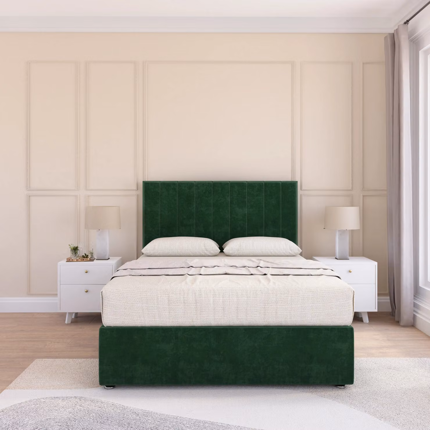 Sloomy Kansas Super King Divan Bed Base and Floor Standing Headboard in Emerald Green Velvet