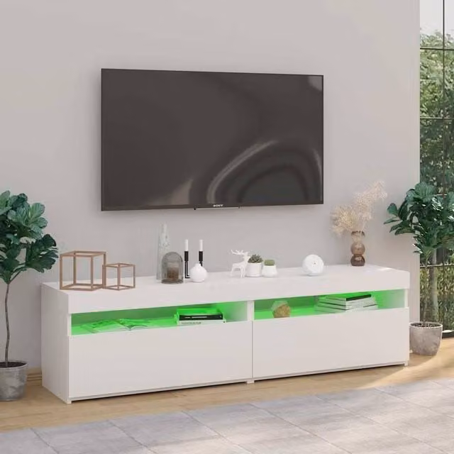 Berkfield Home Set of 2 Modern Glossy White TV Cabinets with LED Lights, W/D/H: 75 x 35 x 40 cm – 1