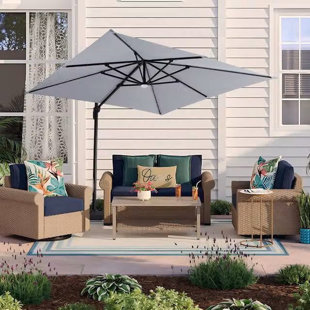 Livingandhome Garden Square Cantilever Parasol with Solar-Powered LED Lights in Grey