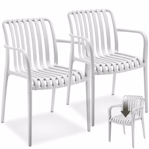 tectake Set of 2 Modern Plastic Garden Chairs with Armrests in Beige/White – 1