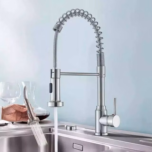 KORVIXA Monobloc Pull Out Kitchen Mixer Tap in Silver Brushed Steel with Single Lever Control