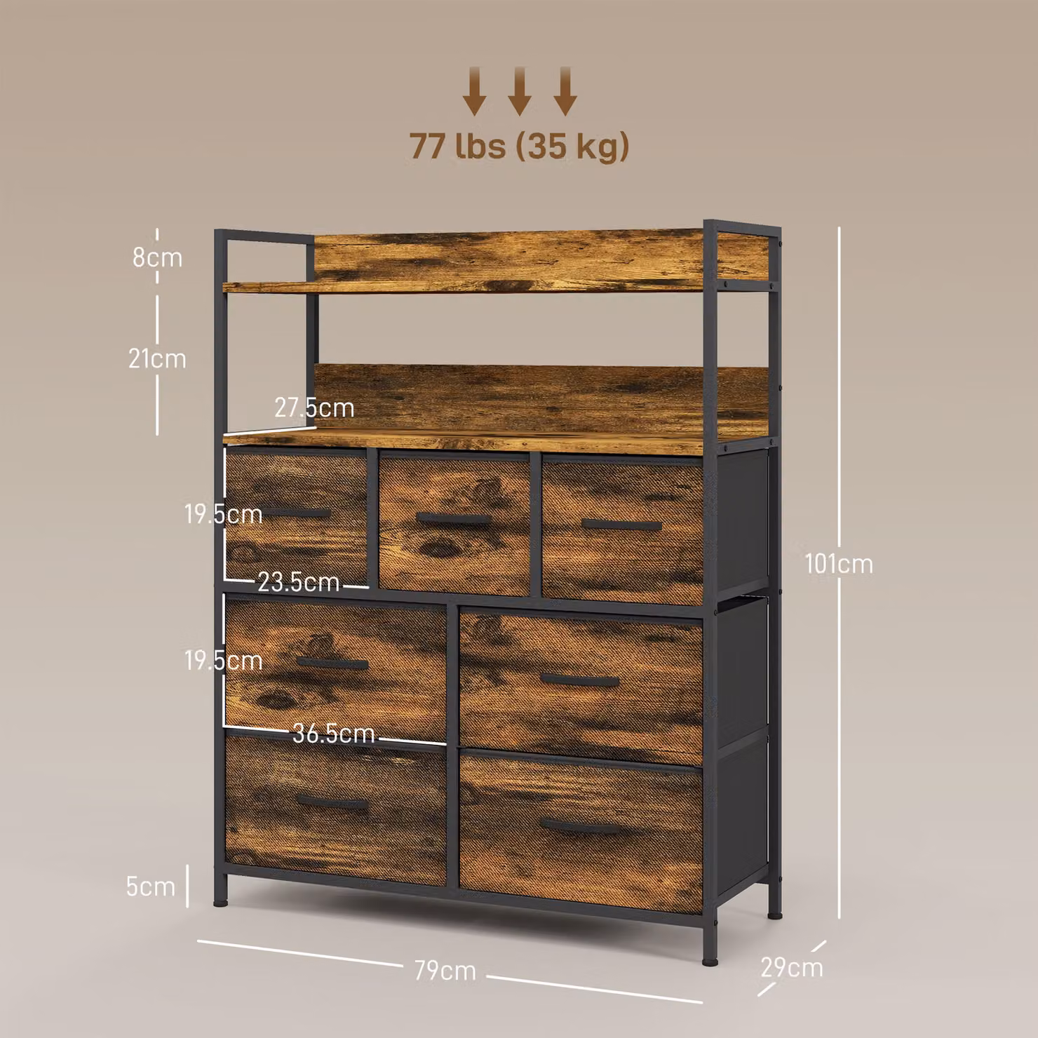 HOMCOM Rustic Seven Drawer Fabric Chest in Brown Wood Effect – 3