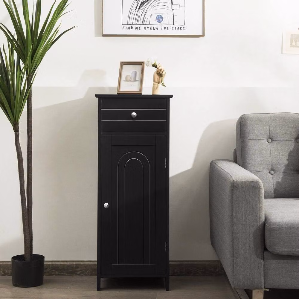 VOGREX Black Wooden Single-Door Freestanding Bathroom Storage Cabinet with Internal Shelves – 3