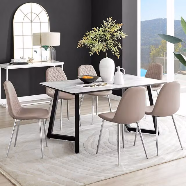 FurnitureboxUK Carson White Marble Effect Dining Table and 6 Corona Silver Chairs in Beige