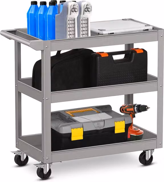 COSTWAY 3-Layer Rollable and Lockable Service Utility Cart in Grey