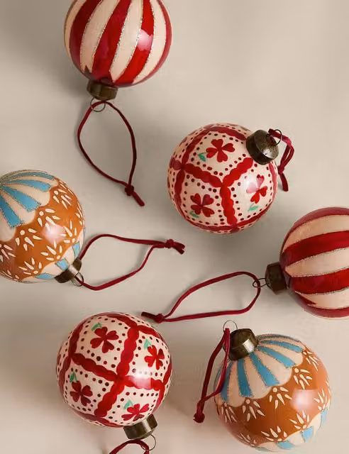 M&S 6 Pack Vintage Floral Glass Hanging Christmas Baubles in Red, Blue and Multicolour