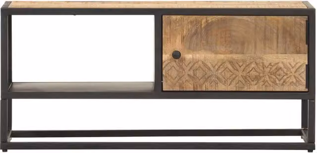 Berkfield Home Rustic Mango Wood TV Cabinet with Carved Door, Brown, W/D/H: 90 x 40 x 40 cm