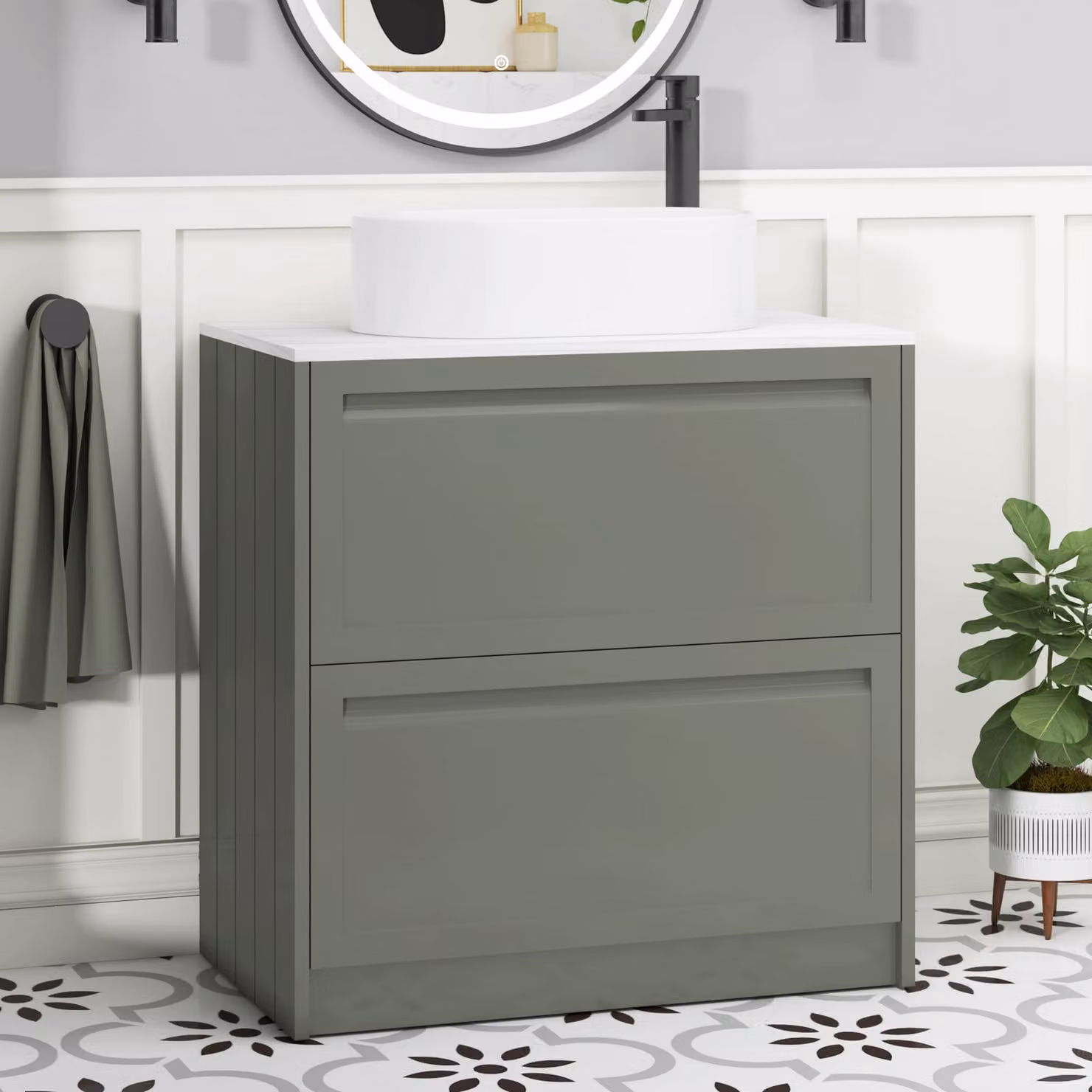 Royal Bathrooms Elmore Floor Standing Countertop Vanity Unit with Peak Basin, Matt Green and White, Width: 80 cm