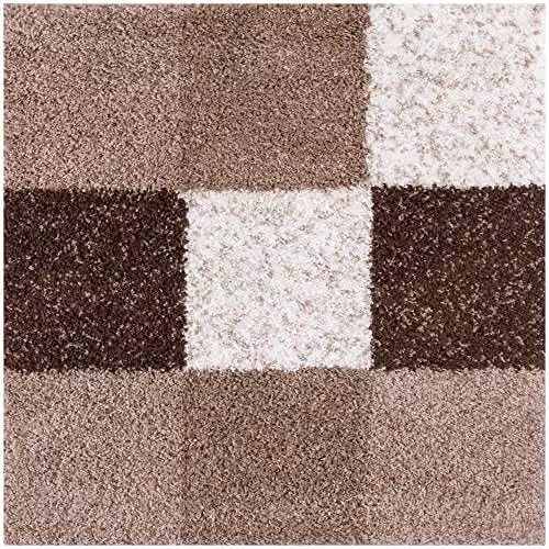 THE RUGS Modern Brown Checked Square Shaggy Area Rug, W/D: 120 x 120 cm – 5
