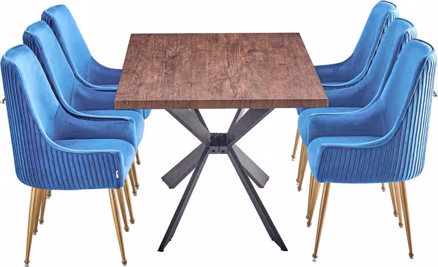 Life Interiors Soho Duke LUX Dining Set with Rectangular Wood Table and 6 Blue Velvet Chairs with Gold Accents