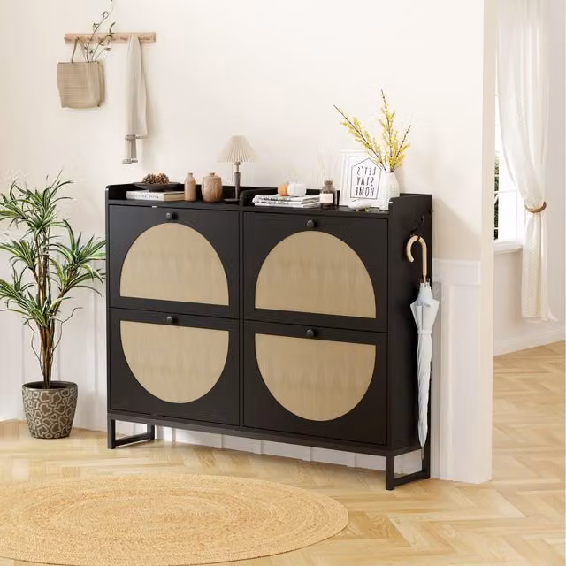 HMD Rattan Design Shoe Cabinet Organizer with 4 Flip Drawers, Black, H 93.5 x W 76.7 x D 23.5 cm