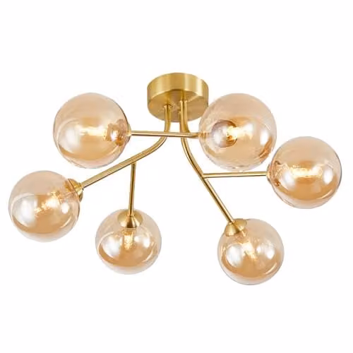 Happy Homewares 6-Arm Modern Ceiling Light Fixture in Gold with Amber Transparent Glass Shades, W/D/H: 44 x 44 x 22 cm – 1