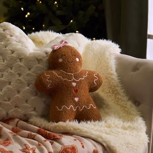 OHS Gingerbread Girl Boucle Christmas Cushion, Brown, W/D/H: 38 x 28 x 5 cm – 1