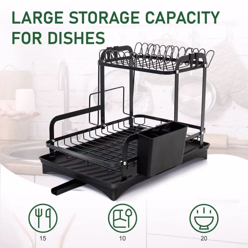 EONLION 2 Tier Black Metal Dish Drainer Rack with Cutlery Holder, Width: 100 cm – 3