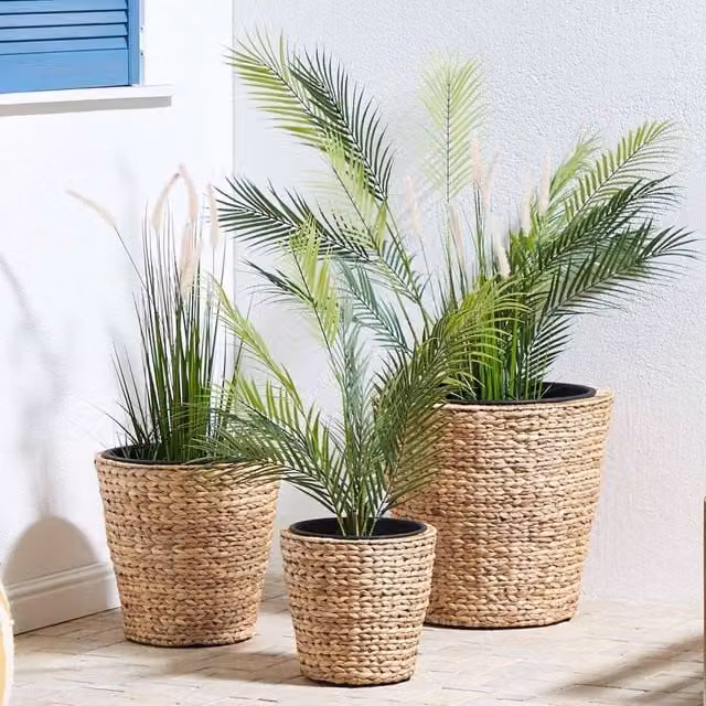 Wyld and Coco Set of 3 Natural Water Hyacinth Round Tabletop Planters with Synthetic Inserts in Brown – 1