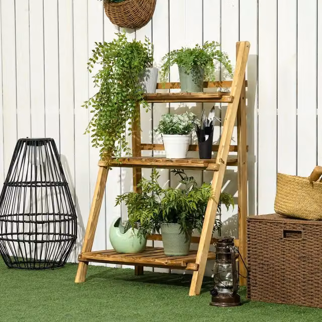 OUTSUNNY Wooden Flower Pot Rack Holder Foldable Storage Shelf Stand in Brown and Sand, W/D/H: 60.0 x 37.0 x 93.0 cm