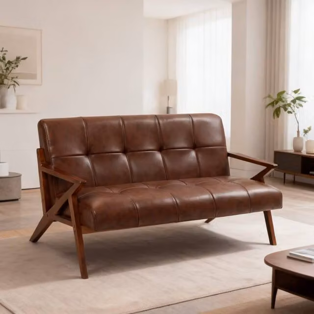 ERGOVEXA Compact 2 Seater Sofa in Brown, Synthetic Leather and Solid Wood Frame, W: 133 cm, D: 81 cm, H: 78.5 cm