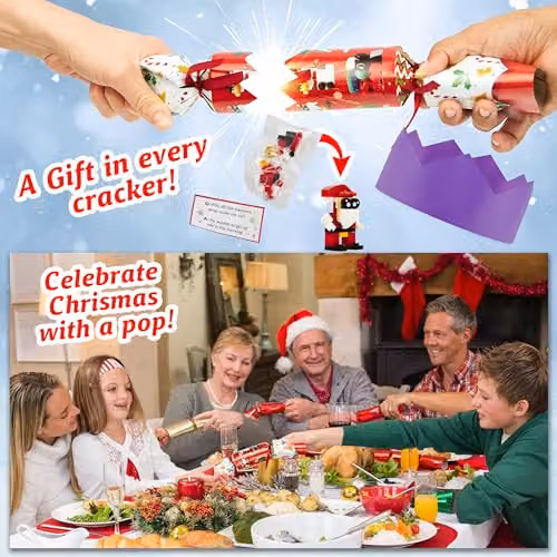 KreativeKraft Luxury Pop Christmas Crackers, Pack of 6 Red and Multicolour Novelty Xmas Crackers with Blocks – 2
