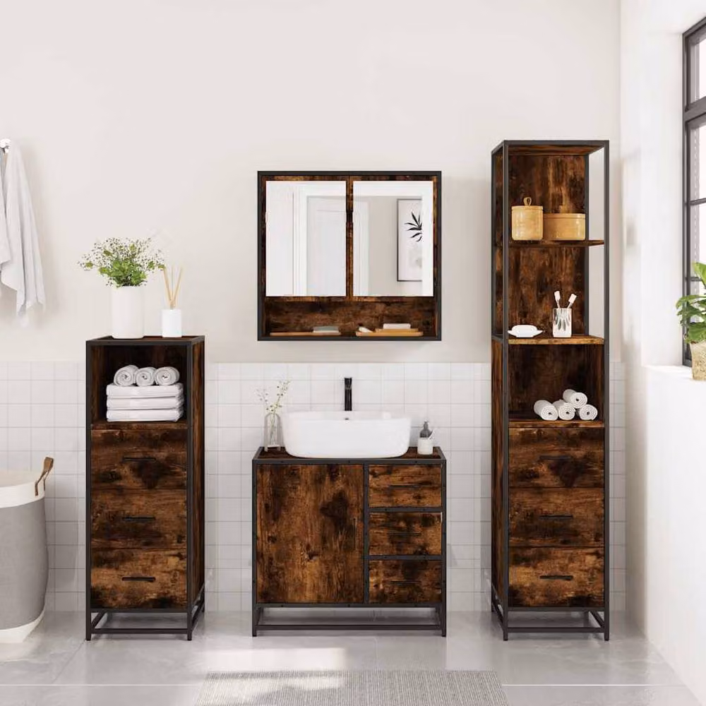 Berkfield Home 4-Piece Industrial Bathroom Furniture Set in Smoked Oak Brown – 4
