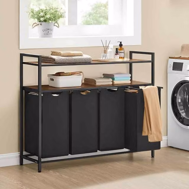 The Bazaarist 4 Compartment Laundry Hamper with Removable Pull Out Bags, Brown and Black – 1