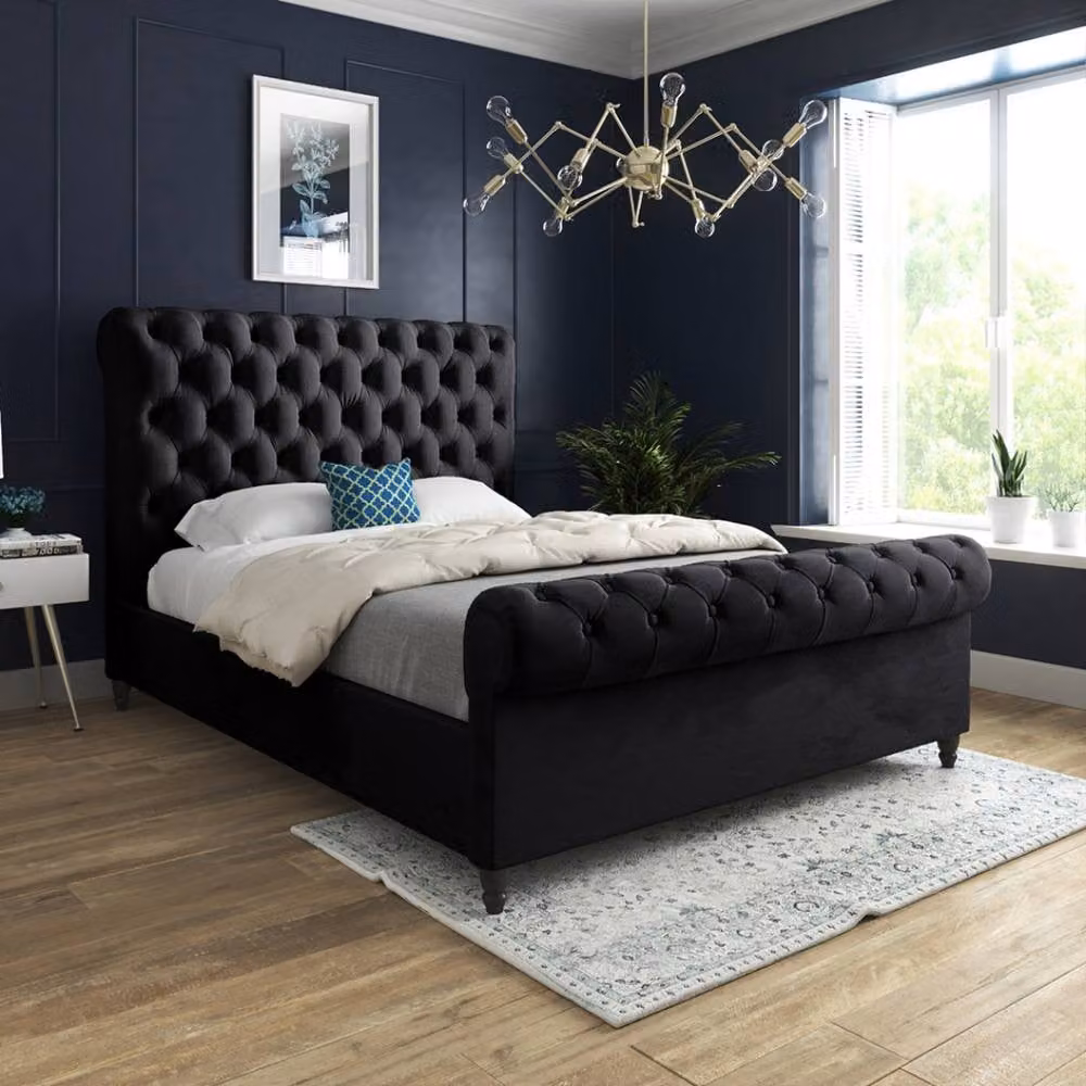 Casani Stopham Sleigh Upholstered Designer Bed Frame in Black Soft Velvet, Size: Double (140 x 200 cm) – 2