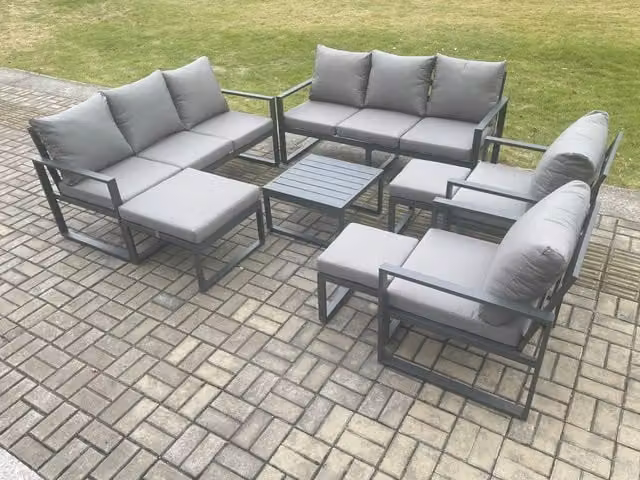 Fimous Modern Aluminium Outdoor Garden Furniture Set in Dark Grey with 3 Seater Sofa, 2 Armchairs, 3 Footstools and Coffee Table