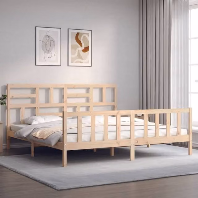 Berkfield Home Beautiful Solid Wood Bed Frame with Headboard, Beige, W/D/H: 180 x 104 x 185.5 cm – 1