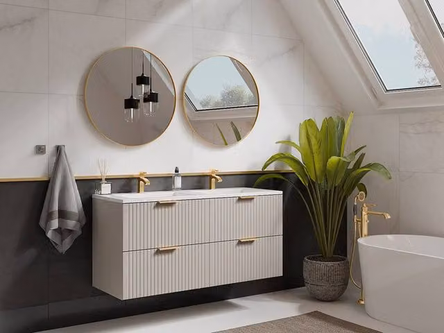 Vente-unique Ribbed Suspended Bathroom Unit with Built-In Washbasin, Beige, W: 120 cm, D: 46 cm, H: 57 cm – 1