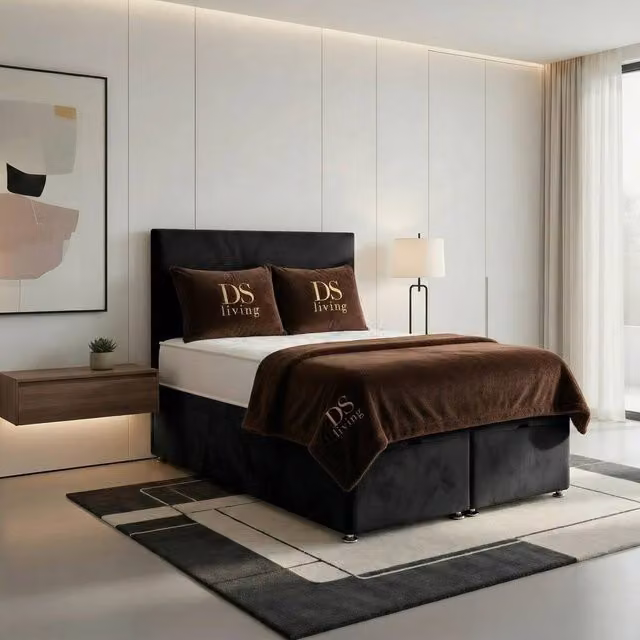 DS Living Prima Black Velvet Upholstered Divan Bed, W/D/H: 200 x 200 cm