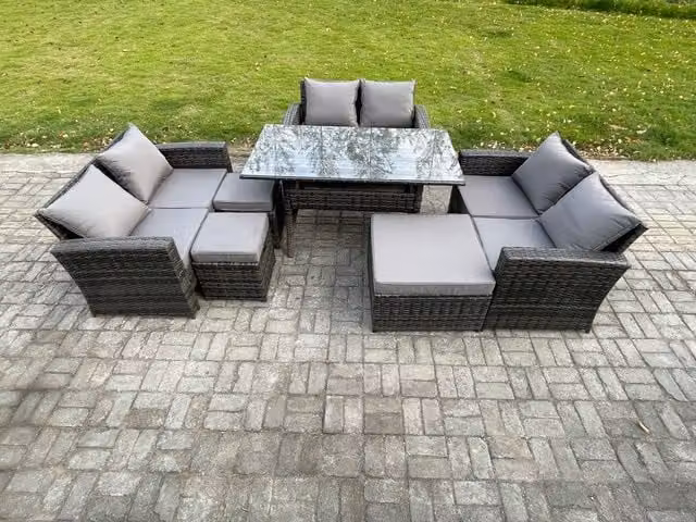 Fimous Dark Grey PE Rattan Garden Furniture Set with Oblong Dining Table, Double Seat Sofa and 3 Footstools