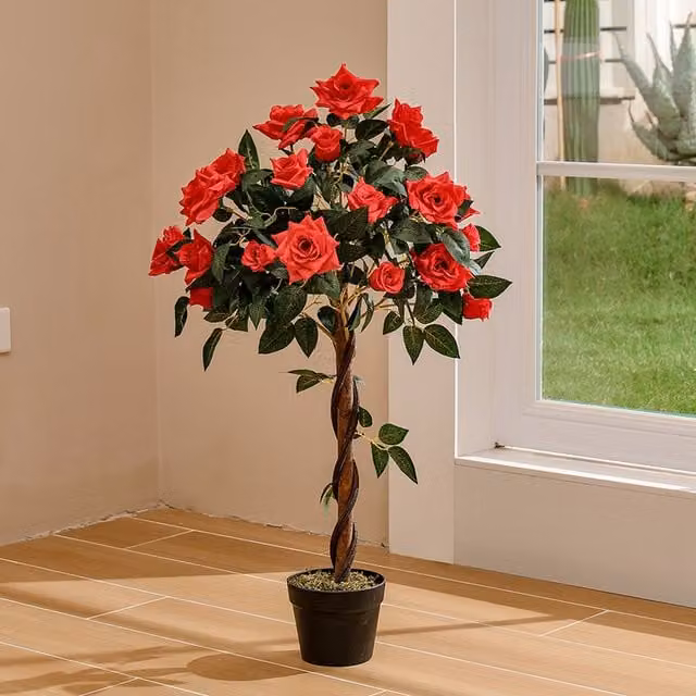 Livingandhome Red Artificial Rose Flower Tree in Pot, Height: 90 cm