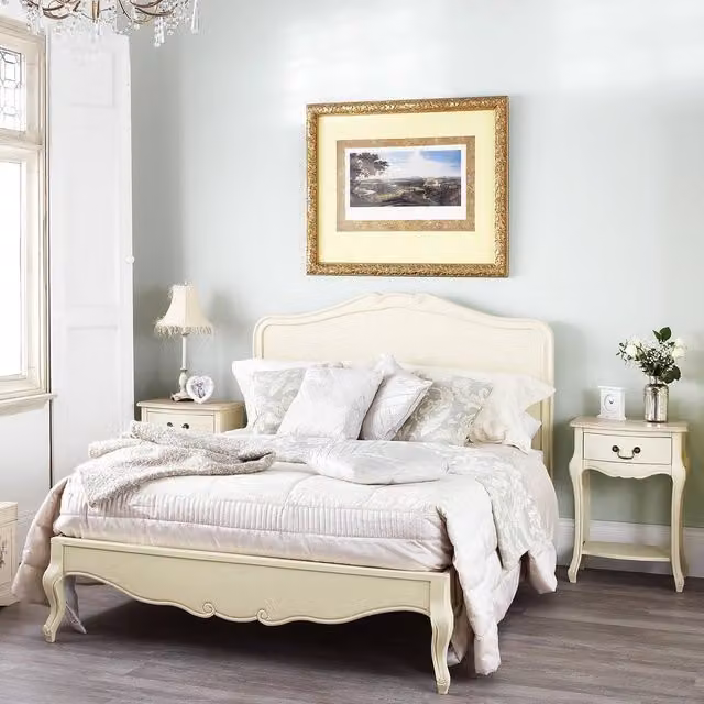 Statement Furniture Juliette French Style 5ft King Size Bed with Solid Pine Wooden Headboard in White or Beige, W/D/H: 150 x 200 x 124 cm