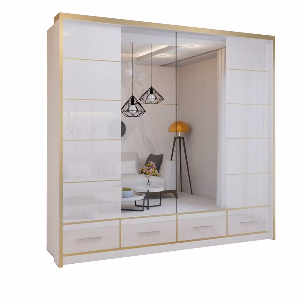 Sliding Wardrobes 4U Modern High Gloss Sliding Wardrobe with LED Light, White and Gold, W: 203 cm, H: 220 cm – 2