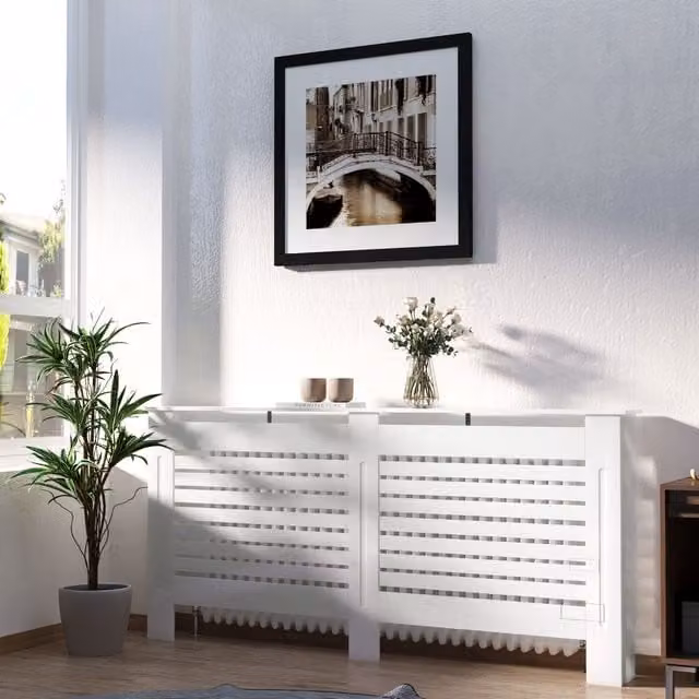 HOMCOM Modern White MDF Radiator Cover Cabinet with Slatted Design, W: 172 cm, D: 19 cm, H: 81 cm
