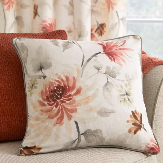 Dreams & Drapes Nadia Floral Cotton Filled Cushion, Red and Gold, W/D/H: 43 x 43 x 43 cm