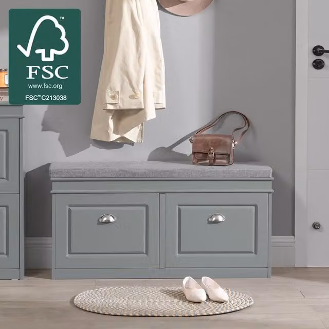 SoBuy Grey Upholstered Shoe Bench Rack with Flip Drawer