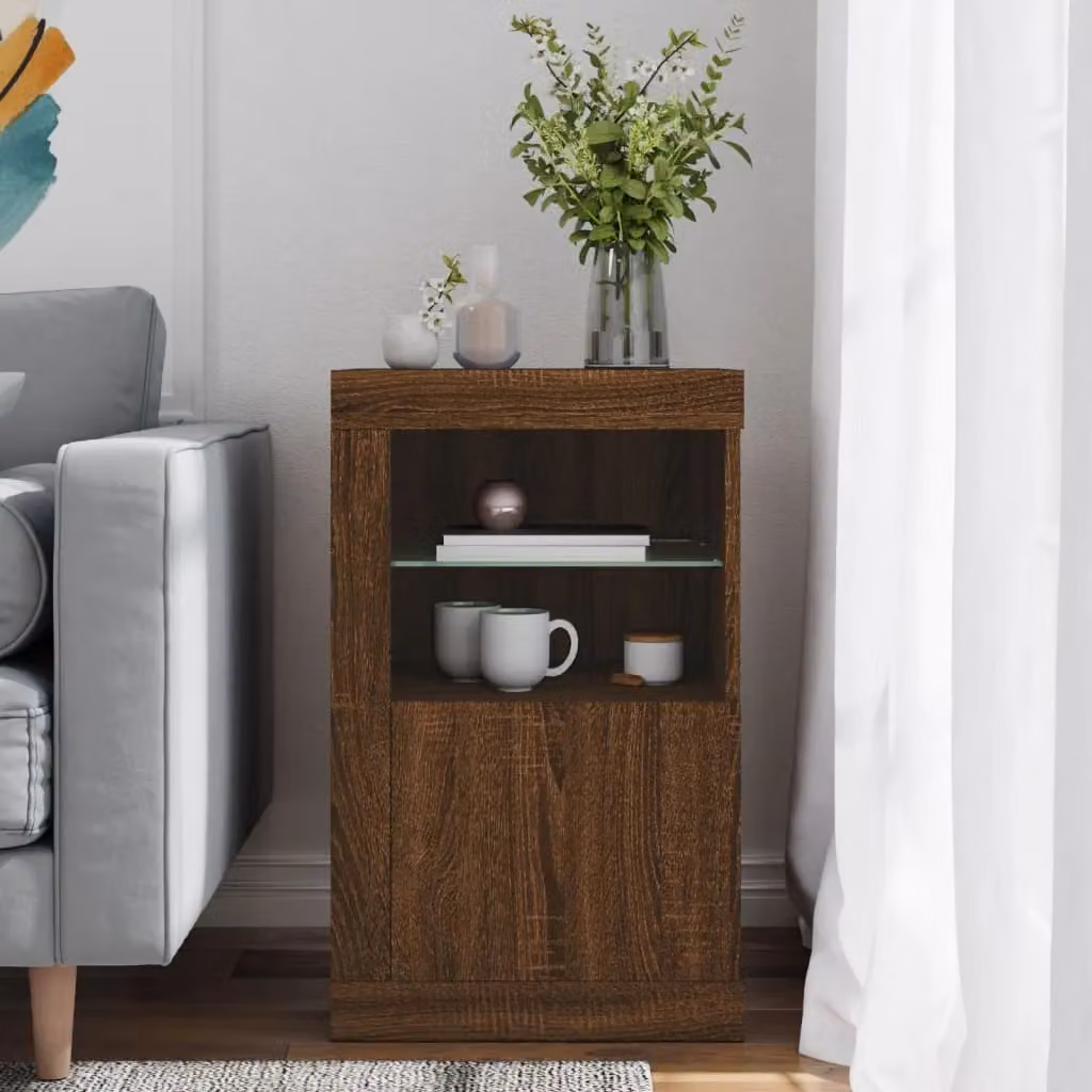 Berkfield Home Modern Side Cabinet in Brown Oak with Integrated LED Lighting and Glass Doors – 2