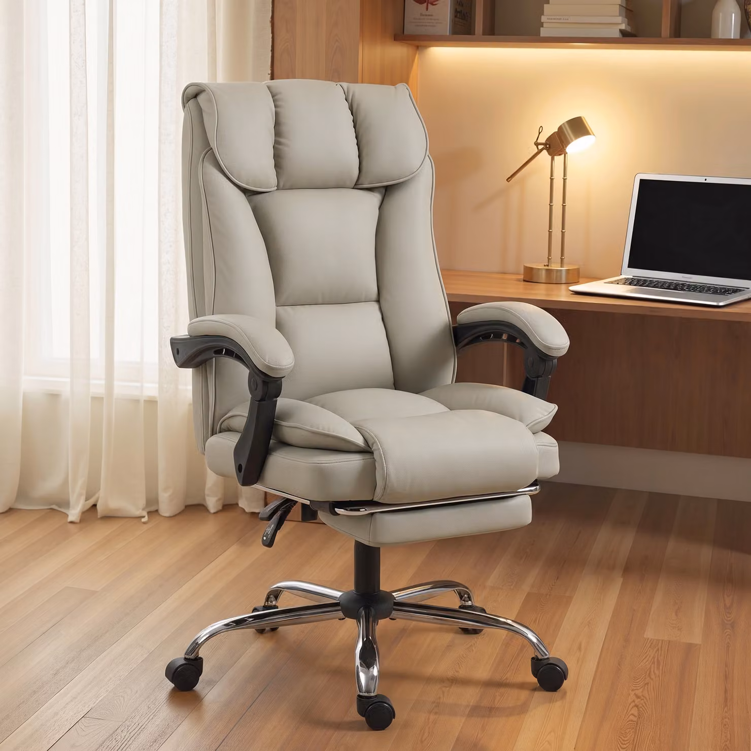 HOMCOM Pet-Friendly Faux Leather Executive Office Chair with Footrest and Headrest, Beige, W/D/H: 66 x 46 x 120 cm – 2