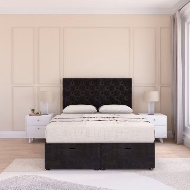 Sloomy Mayfair Super King Ottoman Bed with 26 Inch Headboard and Hybrid Memory Mattress in Black