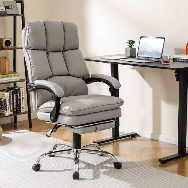 Costway Ergonomic Office Desk Chair with Footrest and Headrest in White Synthetic Leather – 1