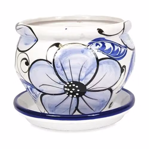 Verano Spanish Ceramics Blue Flower Bola Terracotta Pot with Drainage Plate, W/D/H: 25 x 25 x 21 cm