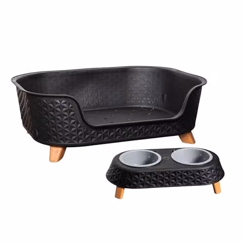 Samuel Alexander Black Plastic Raised Pet Basket with Legs and Double Pet Bowl Feeder Set W/D: 77 x 58 cm – 2