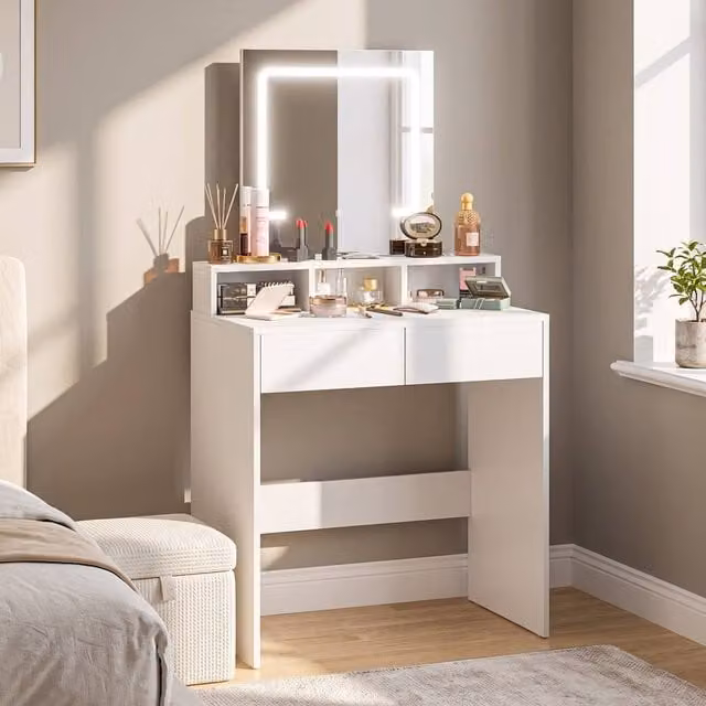 STILVORA Modern White Dressing Table with Hollywood LED Mirror and Storage – 1