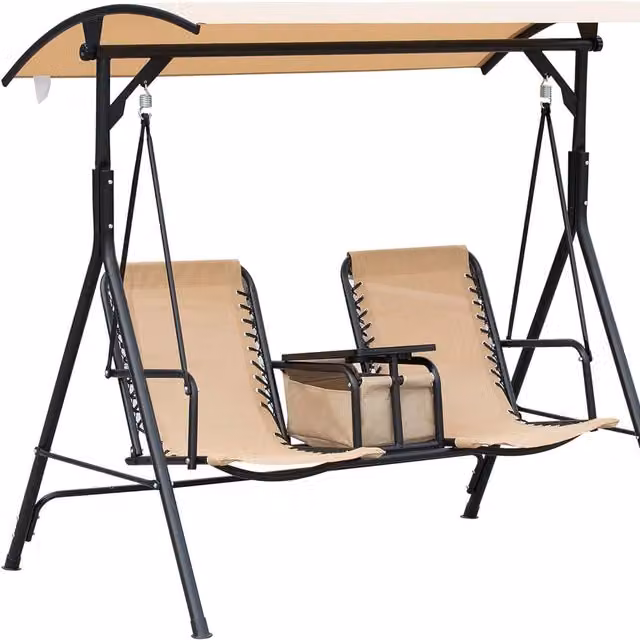 Furnold 2 Seater Modern Garden Swinging Chair with Pivot Table and Sun Canopy in Beige and Brown