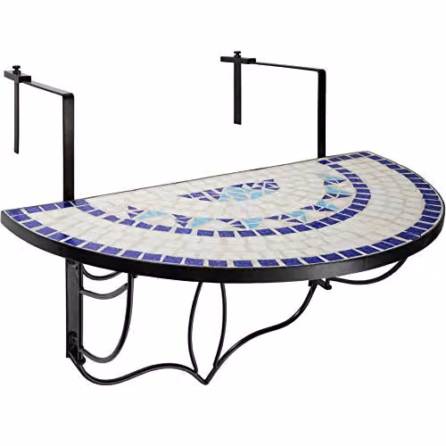 tectake Hanging Mosaic Balcony Table with Steel Frame, White/Blue/Multicolour, W/D/H: 75 x 65 x 62 cm – 1